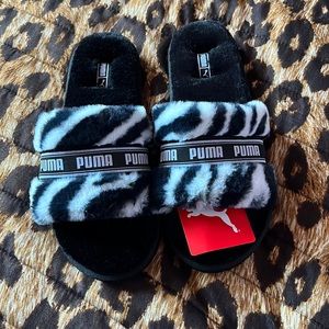 Animal print fuzzy puma slides